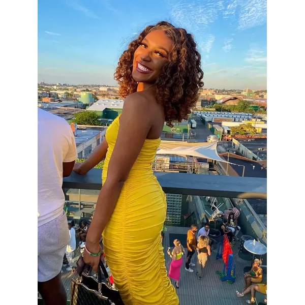BEAGIMEG Womens Sexy Ruched Strapless Bodycon Tube Maxi Long Club DressYellow
