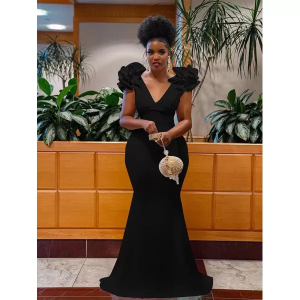 BEAGIMEG Womens Sexy Ruffle Sleeve Elegant V Neck Backless Evening Formal Maxi DressBlack