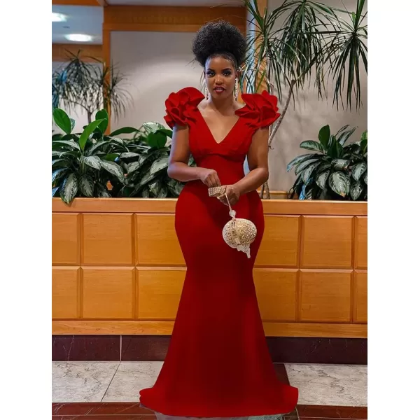 BEAGIMEG Womens Sexy Ruffle Sleeve Elegant V Neck Backless Evening Formal Maxi DressRed