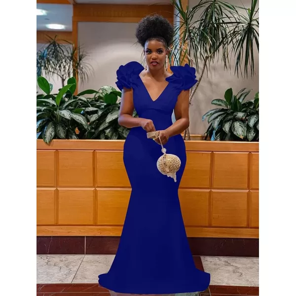 BEAGIMEG Womens Sexy Ruffle Sleeve Elegant V Neck Backless Evening Formal Maxi DressRoyal Blue