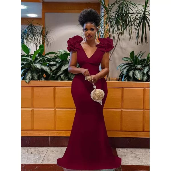 BEAGIMEG Womens Sexy Ruffle Sleeve Elegant V Neck Backless Evening Formal Maxi DressWine Red