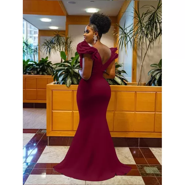 BEAGIMEG Womens Sexy Ruffle Sleeve Elegant V Neck Backless Evening Formal Maxi DressWine Red