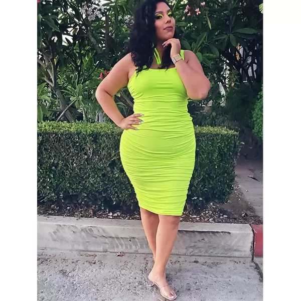 BEAGIMEG Womens Sexy Tank Top Bodycon Ruched Sleeveless Basic Midi Party DressFluogreen