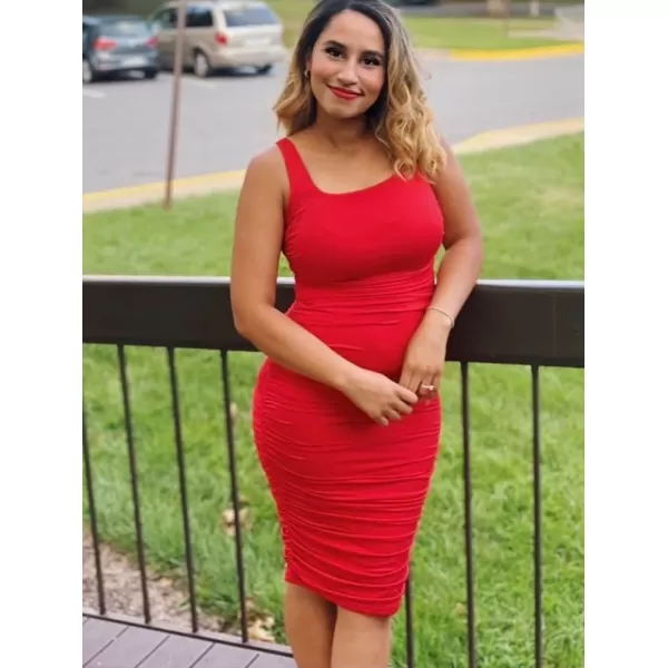 BEAGIMEG Womens Sexy Tank Top Bodycon Ruched Sleeveless Basic Midi Party DressRed
