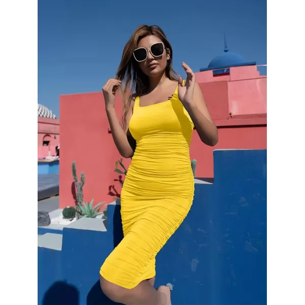 BEAGIMEG Womens Sexy Tank Top Bodycon Ruched Sleeveless Basic Midi Party DressYellow