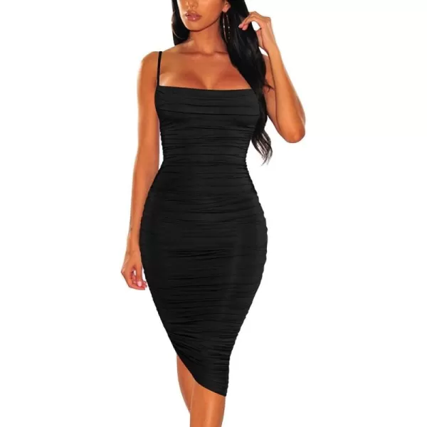 BEAGIMEG Womens Ruched Backless Spaghetti Strap Bodycon Party Club Midi DressBlack