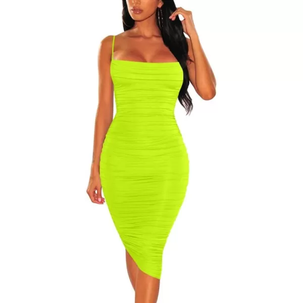 BEAGIMEG Womens Ruched Backless Spaghetti Strap Bodycon Party Club Midi DressFluogreen