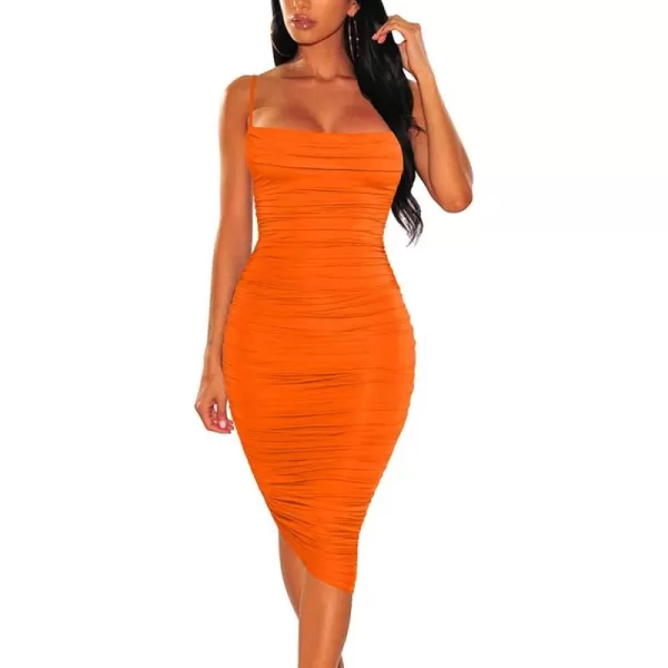 BEAGIMEG Womens Ruched Backless Spaghetti Strap Bodycon Party Club Midi DressOrange