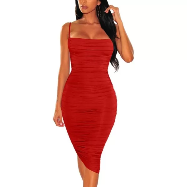 BEAGIMEG Womens Ruched Backless Spaghetti Strap Bodycon Party Club Midi DressRed