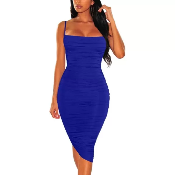 BEAGIMEG Womens Ruched Backless Spaghetti Strap Bodycon Party Club Midi DressRoyal Blue