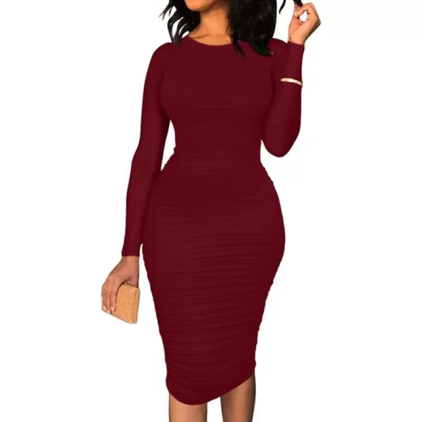 BEAGIMEG Womens Ruched Long Sleeve Elegant Bodycon Basic Casual Midi DressWinered