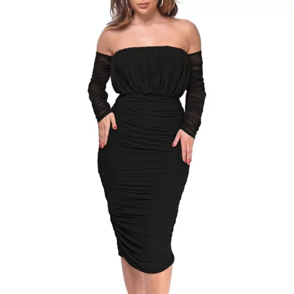 BEAGIMEG Womens Sexy Bodycon Elegant Mesh Long Sleeve Ruched Off Shoulder Party Club Cocktail Midi DressBlack
