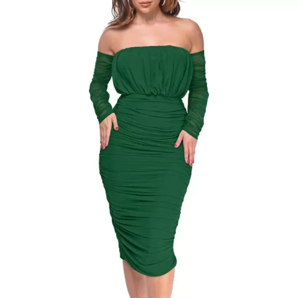 BEAGIMEG Womens Sexy Bodycon Elegant Mesh Long Sleeve Ruched Off Shoulder Party Club Cocktail Midi DressGreen
