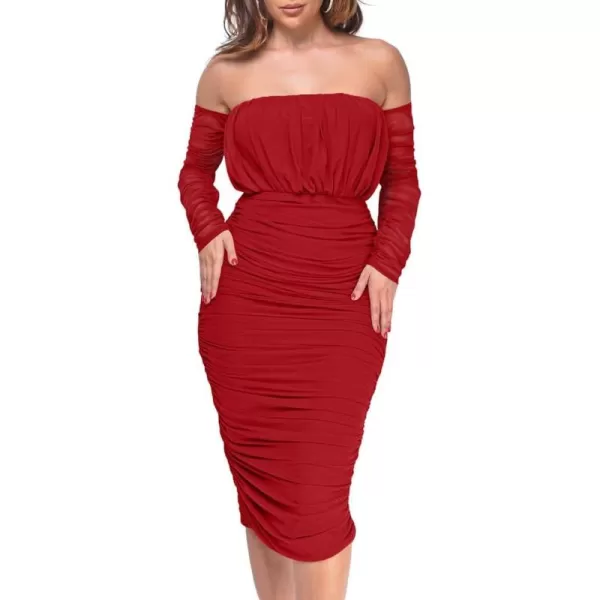 BEAGIMEG Womens Sexy Bodycon Elegant Mesh Long Sleeve Ruched Off Shoulder Party Club Cocktail Midi DressRed