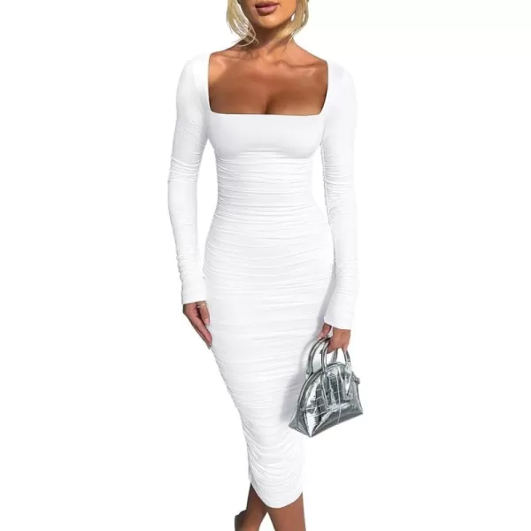 BEAGIMEG Womens Sexy Bodycon Long Sleeves Ruched Square Neck Party Club Midi DressWhite