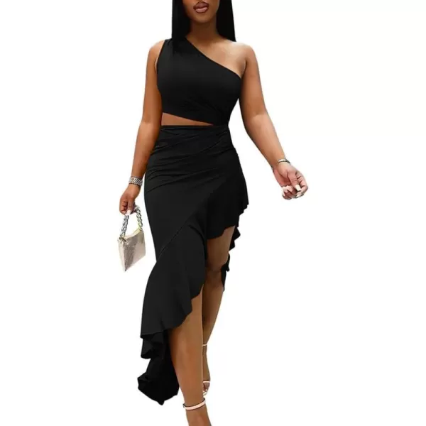BEAGIMEG Womens Sexy Bodycon One Shoulder Ruffle Assymetrical Cut Out Club Party Cocktail Maxi DressBlack