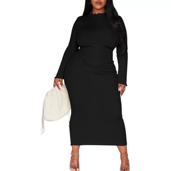 BEAGIMEG Womens Sexy Bodycon Plus Size Long Sleeve Rib Lettuce Hem Club Evening Party Maxi DressBlack