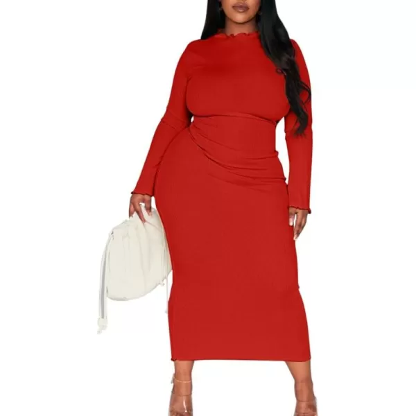 BEAGIMEG Womens Sexy Bodycon Plus Size Long Sleeve Rib Lettuce Hem Club Evening Party Maxi DressRed