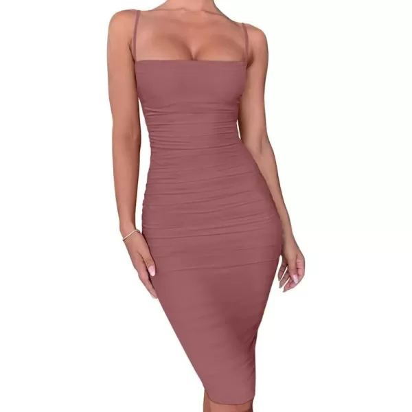 BEAGIMEG Womens Sexy Bodycon Sleeveless Spaghetti Strap Ruched Club Party Cocktail Midi DressDarkpink