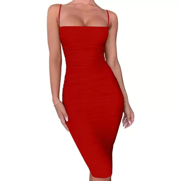 BEAGIMEG Womens Sexy Bodycon Sleeveless Spaghetti Strap Ruched Club Party Cocktail Midi DressRed