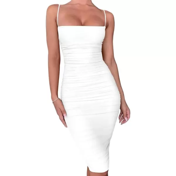 BEAGIMEG Womens Sexy Bodycon Sleeveless Spaghetti Strap Ruched Club Party Cocktail Midi DressWhite