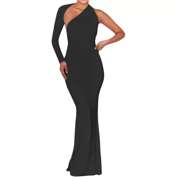 BEAGIMEG Womens Sexy Elegant One Shoulder Backless Evening Long DressBlack