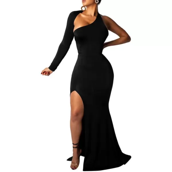 BEAGIMEG Womens Sexy Elegant One Shoulder Backless Evening Long DressBlack2split
