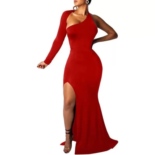 BEAGIMEG Womens Sexy Elegant One Shoulder Backless Evening Long DressRed 2 Split