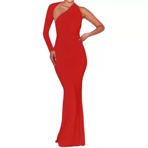 BEAGIMEG Womens Sexy Elegant One Shoulder Backless Evening Long DressRed