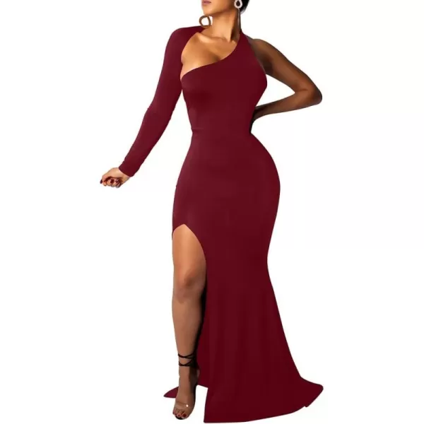 BEAGIMEG Womens Sexy Elegant One Shoulder Backless Evening Long DressWinered 2 Split