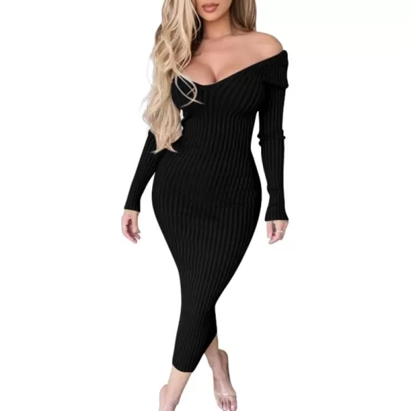 BEAGIMEG Womens Sexy Long Sleeve Off Shoulder Knit Bodycon Long DressBlack