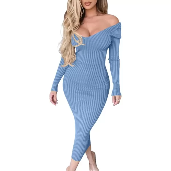 BEAGIMEG Womens Sexy Long Sleeve Off Shoulder Knit Bodycon Long DressBlue