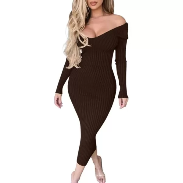 BEAGIMEG Womens Sexy Long Sleeve Off Shoulder Knit Bodycon Long DressBrown