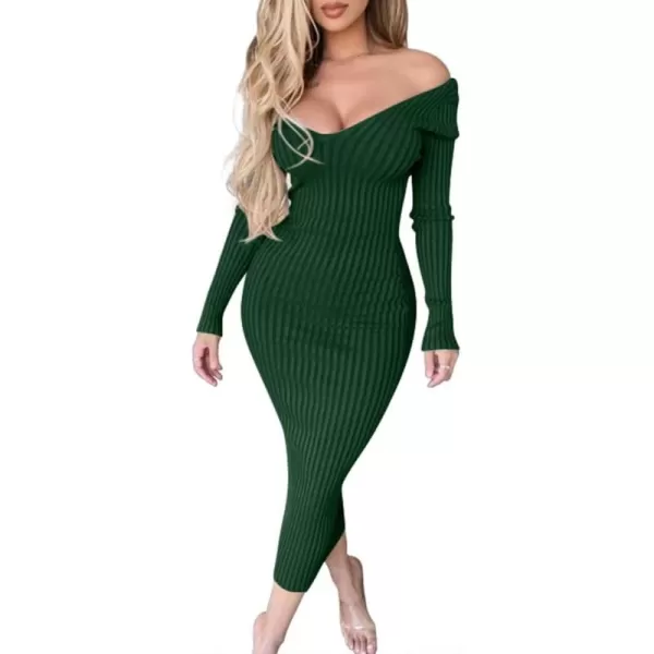 BEAGIMEG Womens Sexy Long Sleeve Off Shoulder Knit Bodycon Long DressGreen