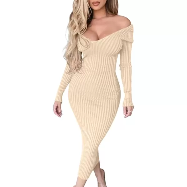 BEAGIMEG Womens Sexy Long Sleeve Off Shoulder Knit Bodycon Long DressKhaki