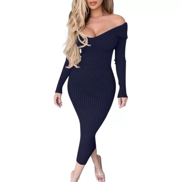 BEAGIMEG Womens Sexy Long Sleeve Off Shoulder Knit Bodycon Long DressNavy