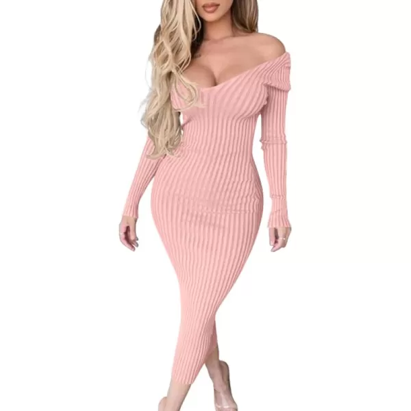 BEAGIMEG Womens Sexy Long Sleeve Off Shoulder Knit Bodycon Long DressPink