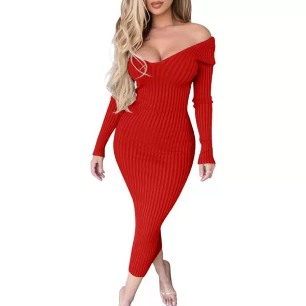 BEAGIMEG Womens Sexy Long Sleeve Off Shoulder Knit Bodycon Long DressRed