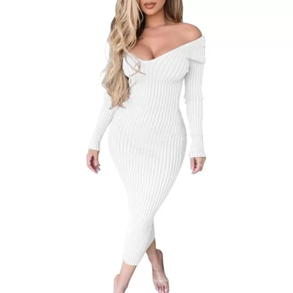 BEAGIMEG Womens Sexy Long Sleeve Off Shoulder Knit Bodycon Long DressWhite