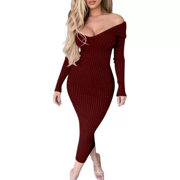 BEAGIMEG Womens Sexy Long Sleeve Off Shoulder Knit Bodycon Long DressWinered