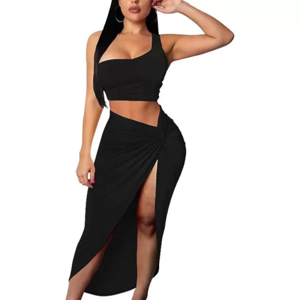 BEAGIMEG Womens Sexy One Shoulder Long Bodycon Slit Skirt 2 Pieces DressBlack