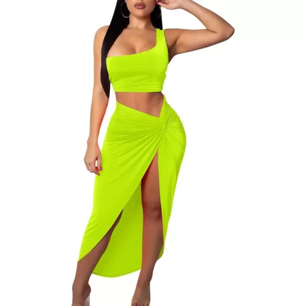 BEAGIMEG Womens Sexy One Shoulder Long Bodycon Slit Skirt 2 Pieces DressFluogreen