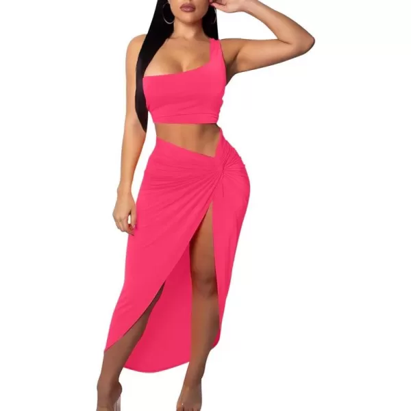 BEAGIMEG Womens Sexy One Shoulder Long Bodycon Slit Skirt 2 Pieces DressFluopink