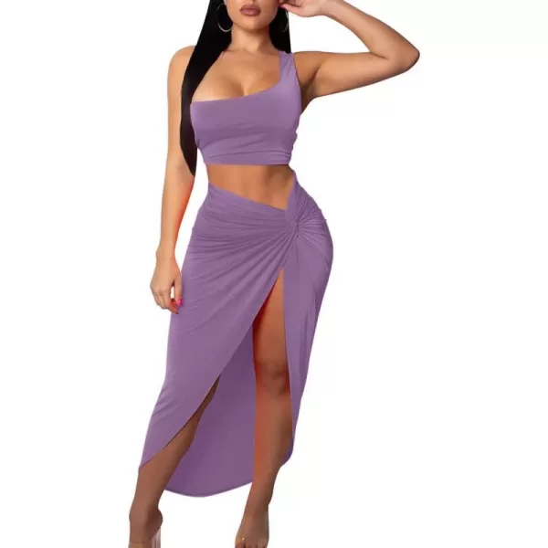 BEAGIMEG Womens Sexy One Shoulder Long Bodycon Slit Skirt 2 Pieces DressLavender