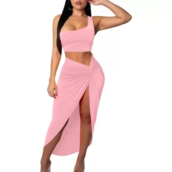 BEAGIMEG Womens Sexy One Shoulder Long Bodycon Slit Skirt 2 Pieces DressPink