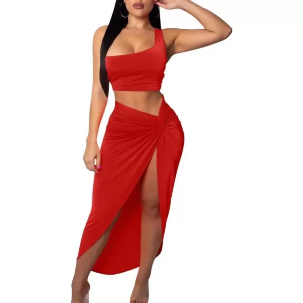 BEAGIMEG Womens Sexy One Shoulder Long Bodycon Slit Skirt 2 Pieces DressRed