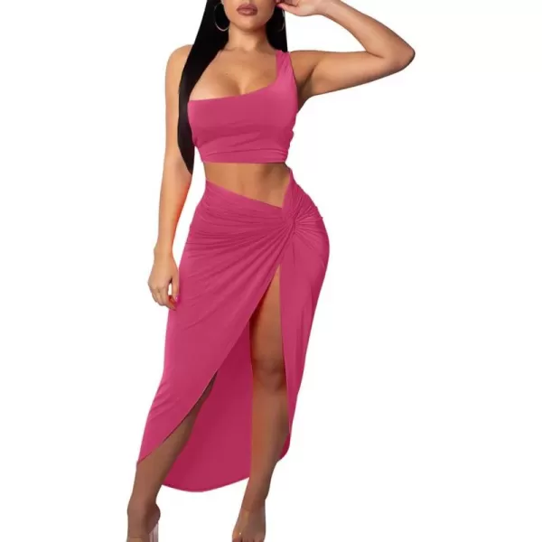 BEAGIMEG Womens Sexy One Shoulder Long Bodycon Slit Skirt 2 Pieces DressRose