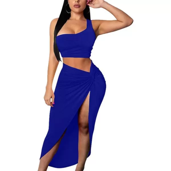BEAGIMEG Womens Sexy One Shoulder Long Bodycon Slit Skirt 2 Pieces DressRoyal Blue