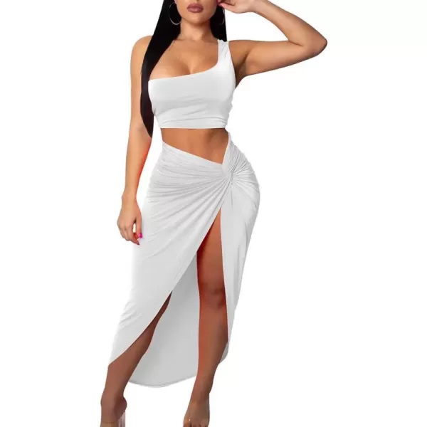BEAGIMEG Womens Sexy One Shoulder Long Bodycon Slit Skirt 2 Pieces DressWhite