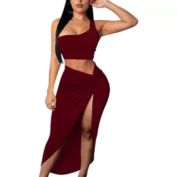 BEAGIMEG Womens Sexy One Shoulder Long Bodycon Slit Skirt 2 Pieces DressWine Red